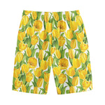 Yellow Spring Tulip Pattern Print Cotton Shorts
