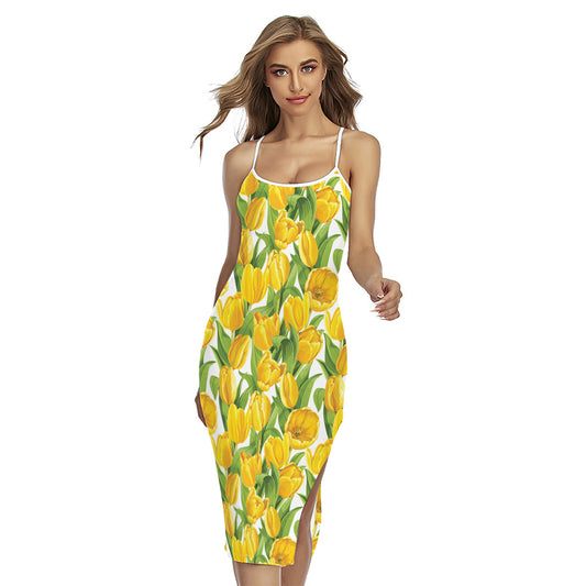 Yellow Spring Tulip Pattern Print Cross Back Cami Dress