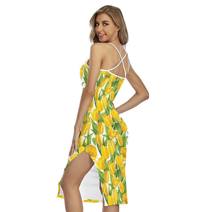 Yellow Spring Tulip Pattern Print Cross Back Cami Dress