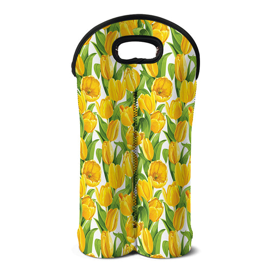 Yellow Spring Tulip Pattern Print Double Neoprene Wine Tote