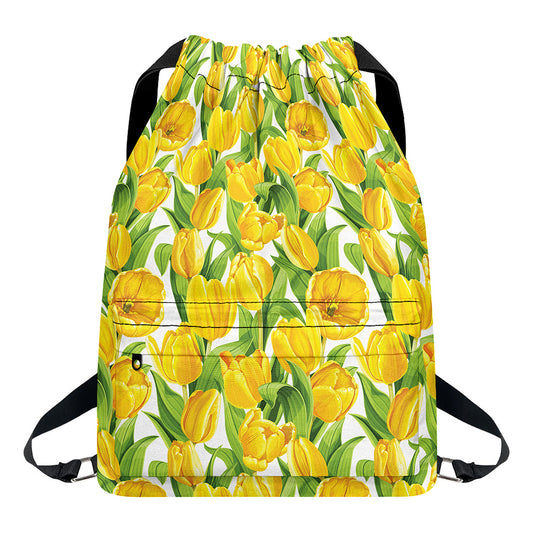 Yellow Spring Tulip Pattern Print Drawstring Backpack