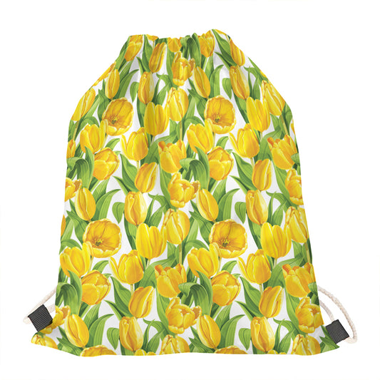 Yellow Spring Tulip Pattern Print Drawstring Bag