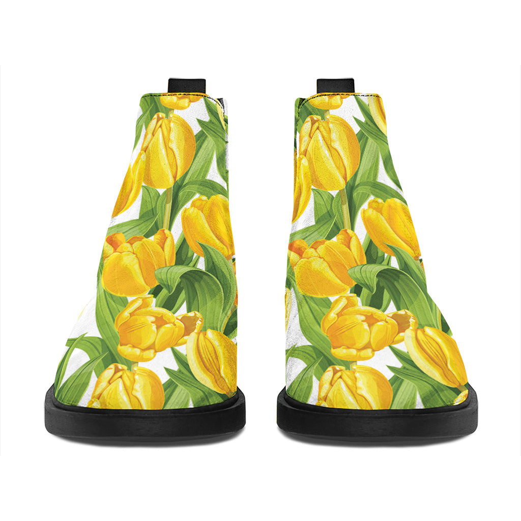 Yellow Spring Tulip Pattern Print Flat Ankle Boots