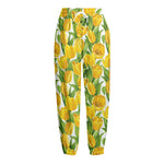 Yellow Spring Tulip Pattern Print Fleece Lined Knit Pants