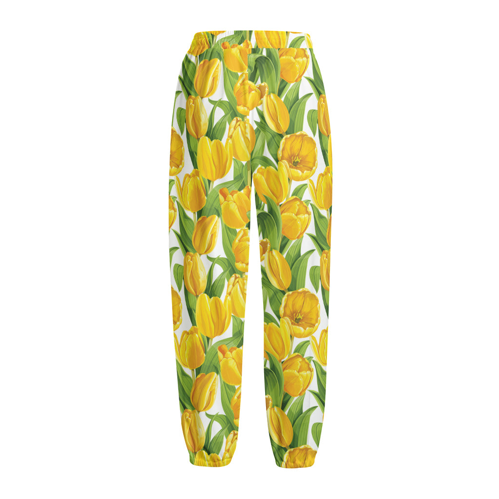 Yellow Spring Tulip Pattern Print Fleece Lined Knit Pants