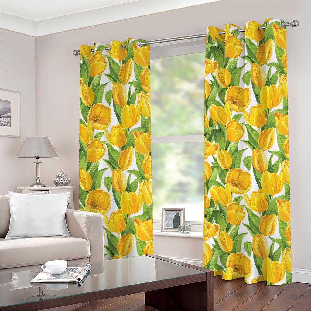 Yellow Spring Tulip Pattern Print Grommet Curtains