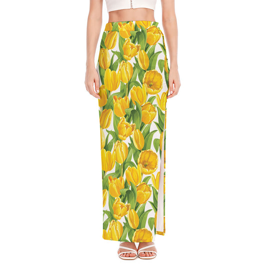 Yellow Spring Tulip Pattern Print High Slit Maxi Skirt