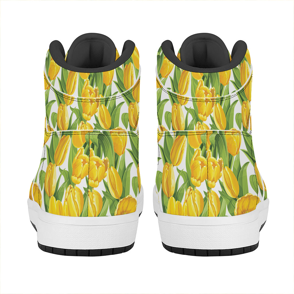 Yellow Spring Tulip Pattern Print High Top Leather Sneakers