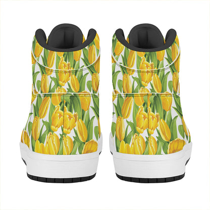 Yellow Spring Tulip Pattern Print High Top Leather Sneakers