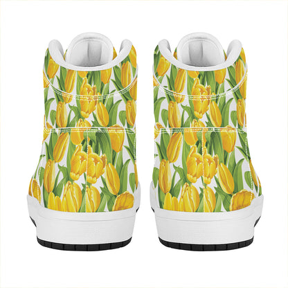 Yellow Spring Tulip Pattern Print High Top Leather Sneakers