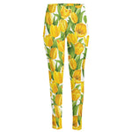 Yellow Spring Tulip Pattern Print High-Waisted Pocket Leggings