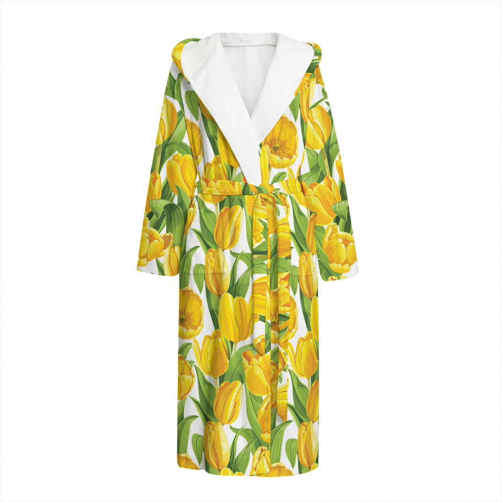 Yellow Spring Tulip Pattern Print Hooded Bathrobe