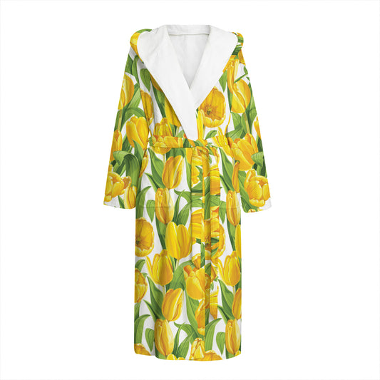 Yellow Spring Tulip Pattern Print Hooded Bathrobe