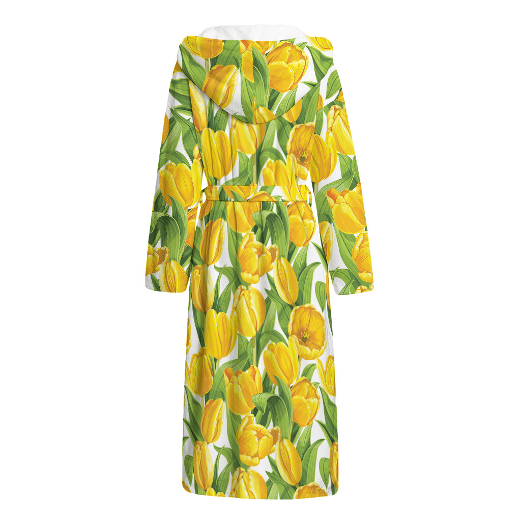 Yellow Spring Tulip Pattern Print Hooded Bathrobe