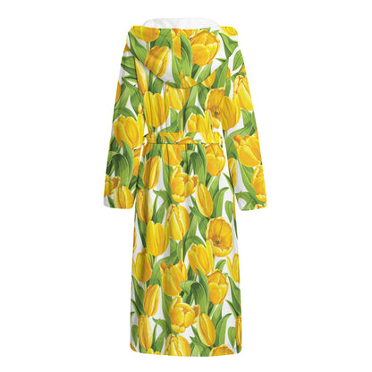 Yellow Spring Tulip Pattern Print Hooded Bathrobe