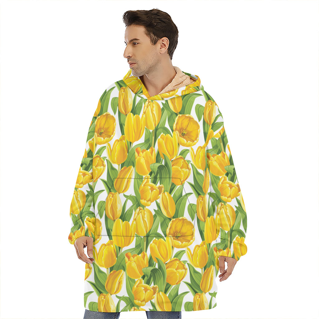 Yellow Spring Tulip Pattern Print Hoodie Blanket