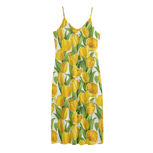 Yellow Spring Tulip Pattern Print Jersey Midi Cami Dress
