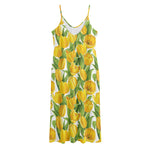 Yellow Spring Tulip Pattern Print Jersey Midi Cami Dress