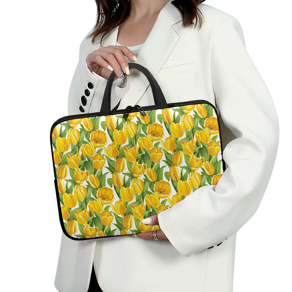 Yellow Spring Tulip Pattern Print Laptop Sleeve With Handle