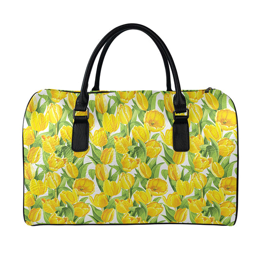 Yellow Spring Tulip Pattern Print Leather Duffle Bag