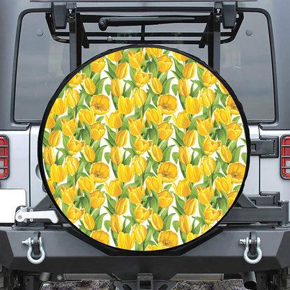 Yellow Spring Tulip Pattern Print Leather Spare Tire Cover