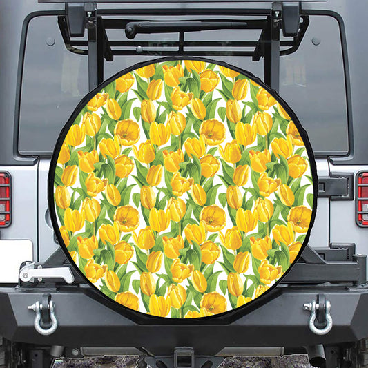 Yellow Spring Tulip Pattern Print Leather Spare Tire Cover