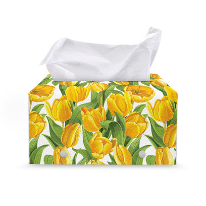 Yellow Spring Tulip Pattern Print Leather Tissue Box Cover