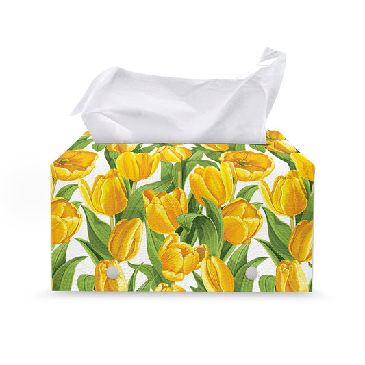 Yellow Spring Tulip Pattern Print Leather Tissue Box Cover