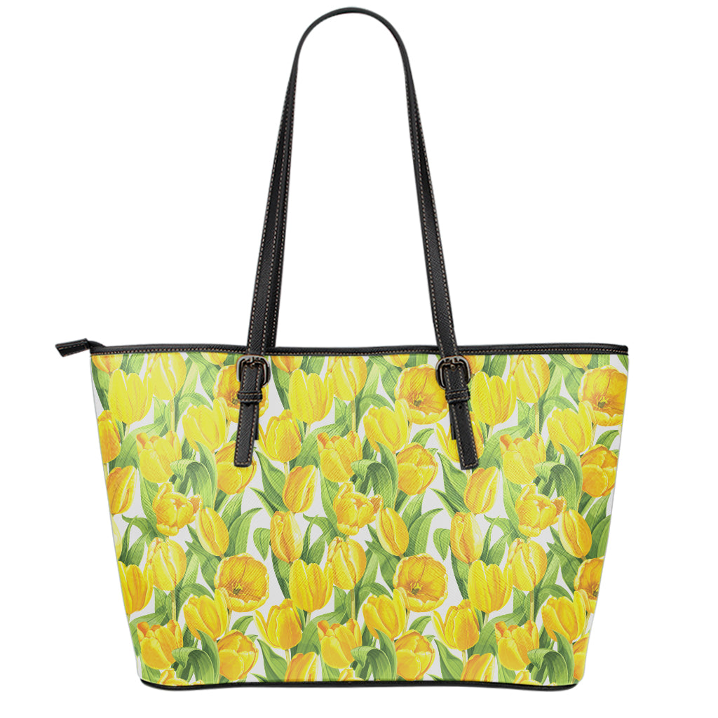 Yellow Spring Tulip Pattern Print Leather Tote Bag