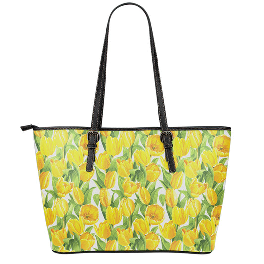 Yellow Spring Tulip Pattern Print Leather Tote Bag