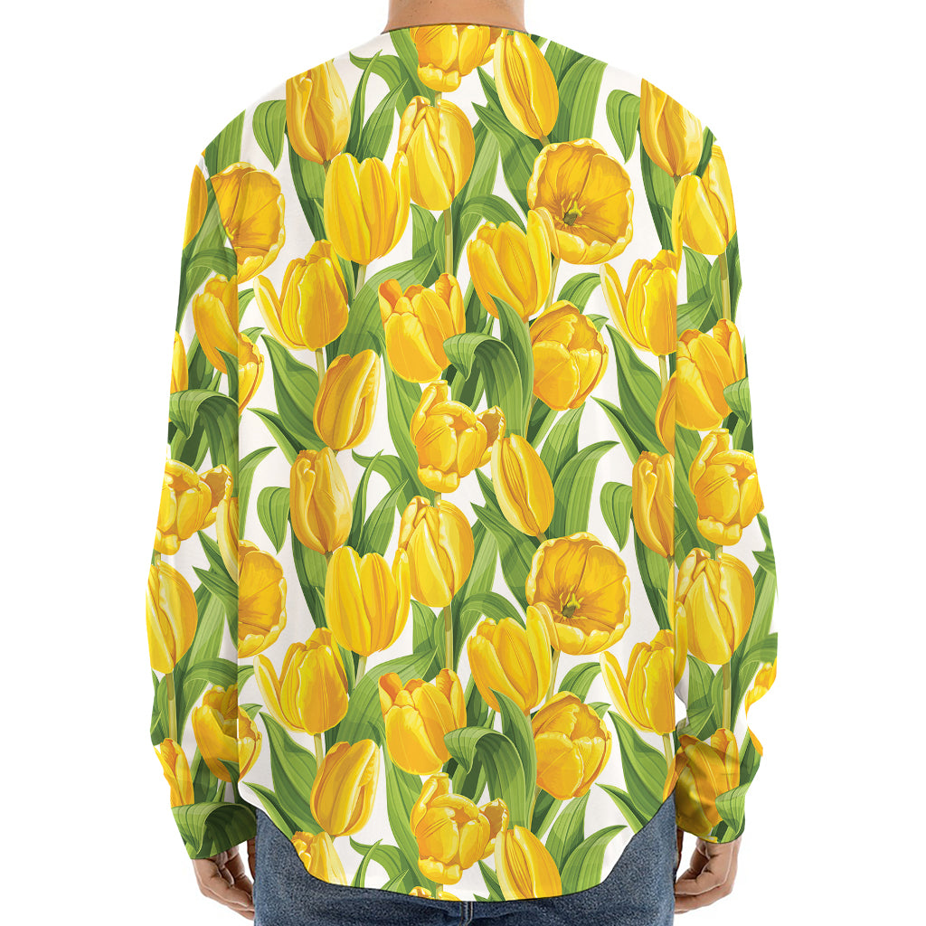 Yellow Spring Tulip Pattern Print Long Sleeve Baseball Jersey