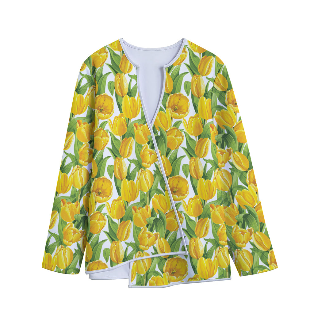 Yellow Spring Tulip Pattern Print Long Sleeve Short Coat