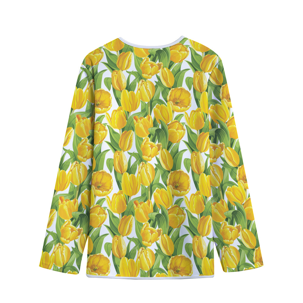 Yellow Spring Tulip Pattern Print Long Sleeve Short Coat