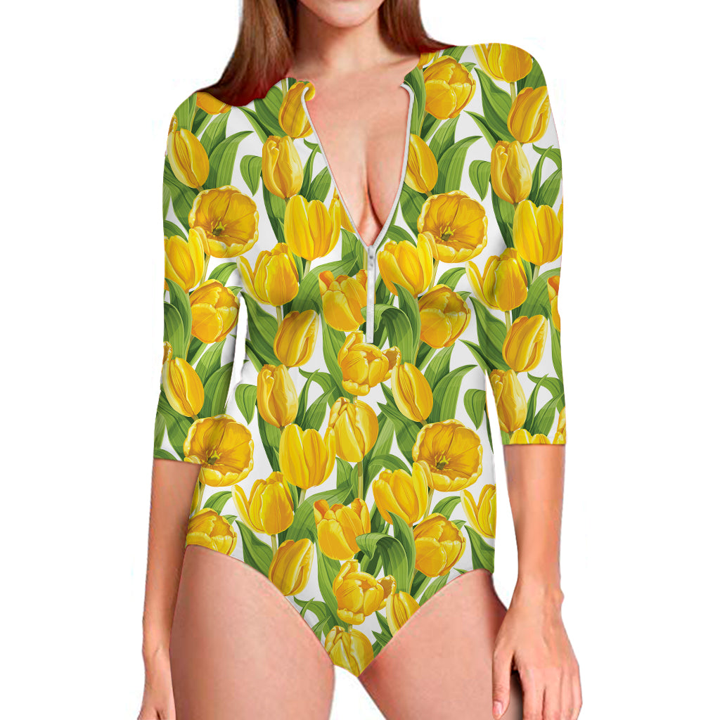 Yellow Spring Tulip Pattern Print Long Sleeve Swimsuit