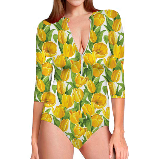 Yellow Spring Tulip Pattern Print Long Sleeve Swimsuit
