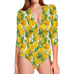 Yellow Spring Tulip Pattern Print Long Sleeve Swimsuit