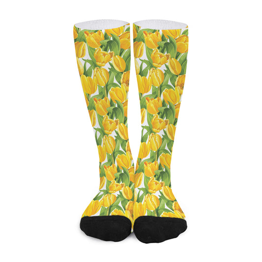 Yellow Spring Tulip Pattern Print Long Socks