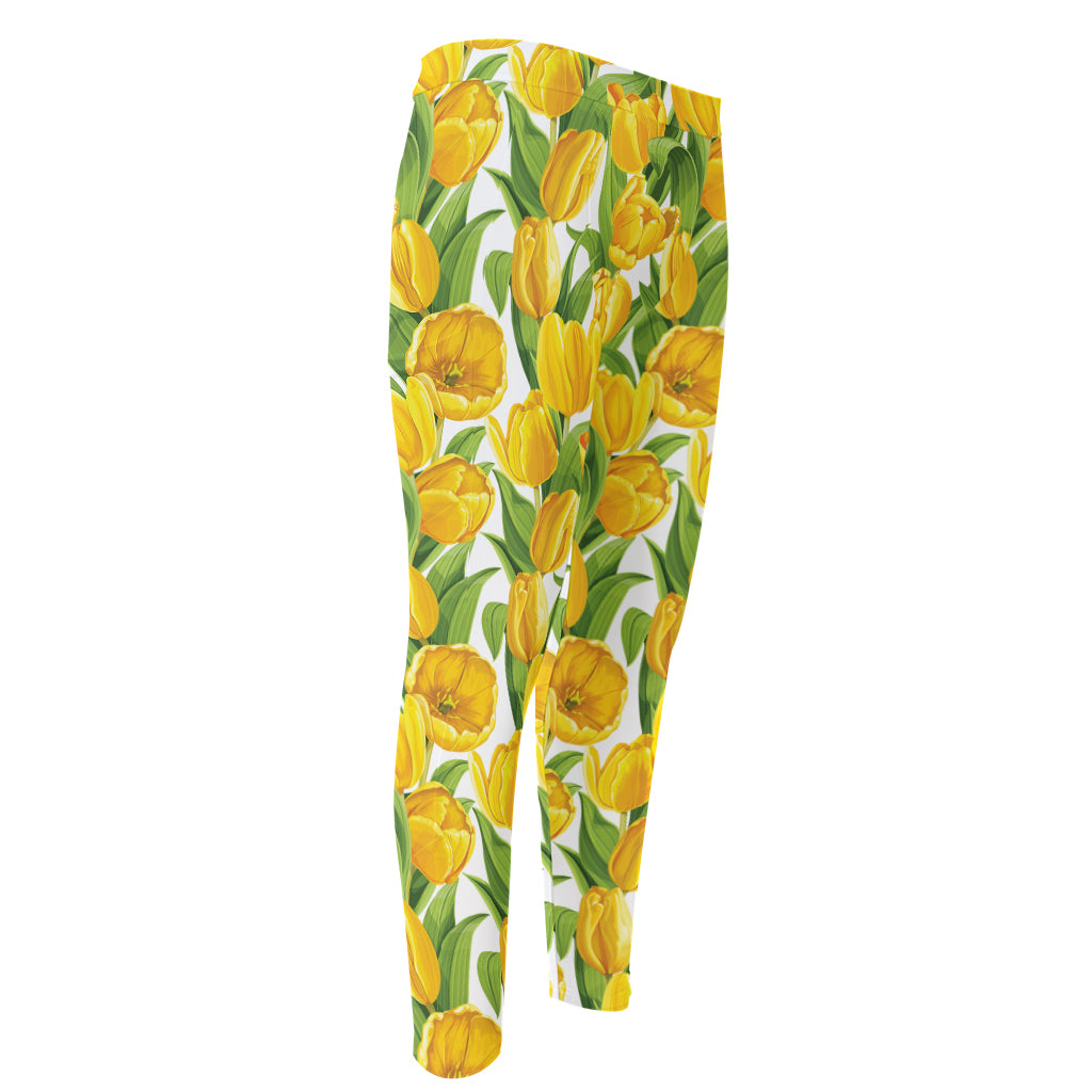 Yellow Spring Tulip Pattern Print Men's Compression Pants