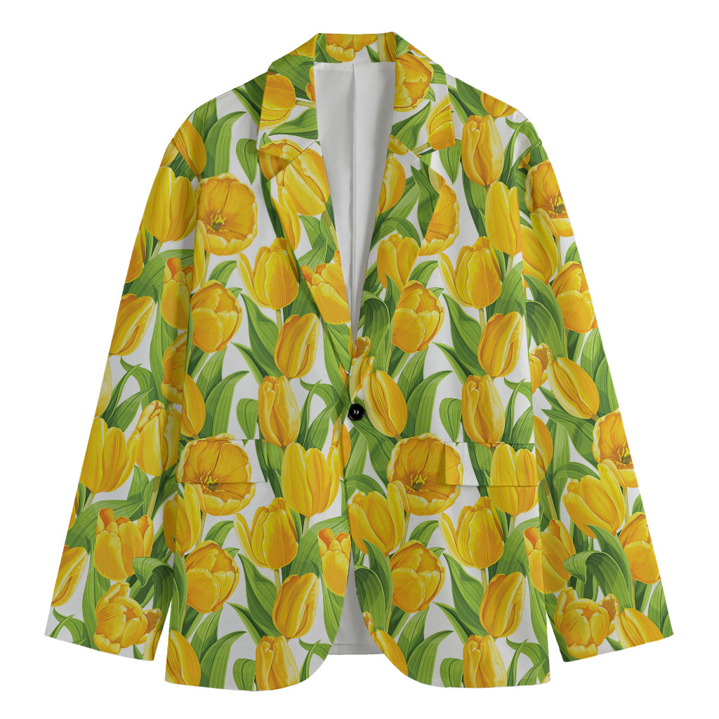 Yellow Spring Tulip Pattern Print Men's Cotton Blazer