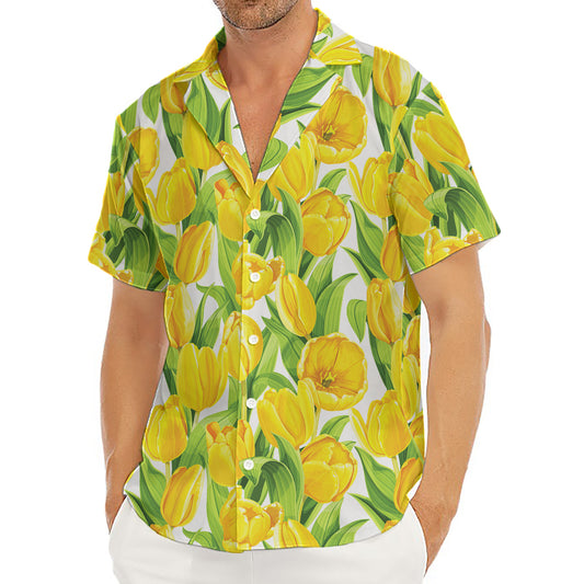 Yellow Spring Tulip Pattern Print Men's Deep V-Neck Shirt