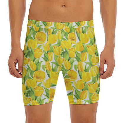 Yellow Spring Tulip Pattern Print Men's Long Boxer Briefs