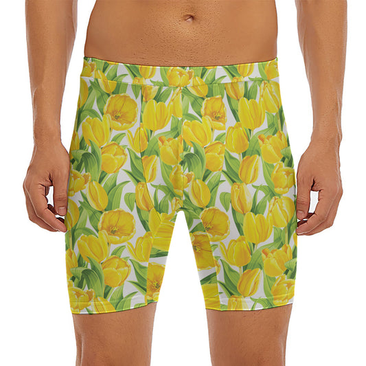 Yellow Spring Tulip Pattern Print Men's Long Boxer Briefs