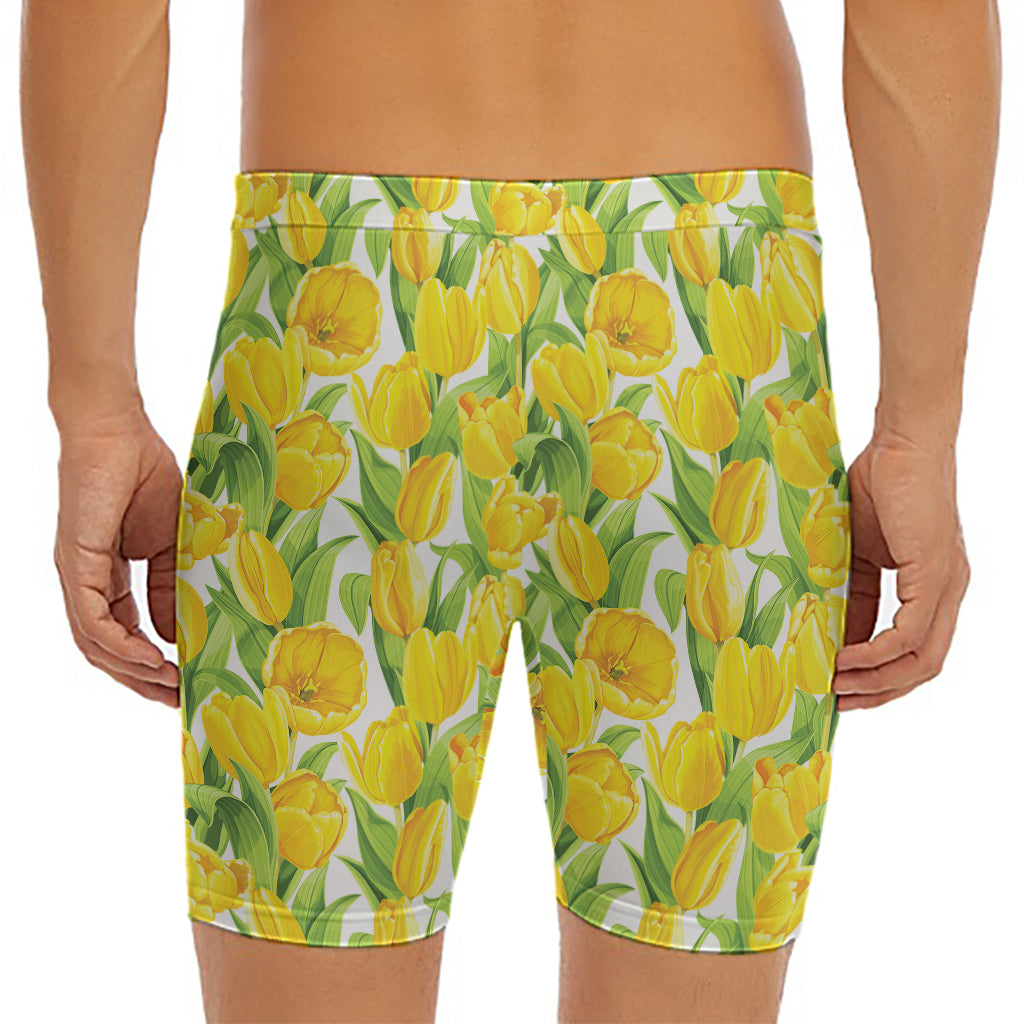 Yellow Spring Tulip Pattern Print Men's Long Boxer Briefs
