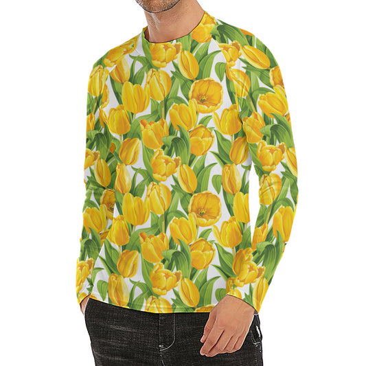 Yellow Spring Tulip Pattern Print Men's Long Sleeve Rash Guard