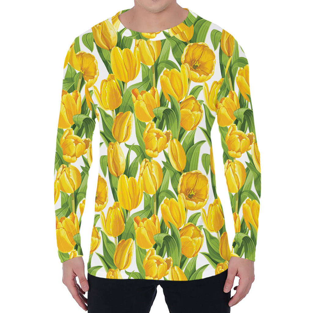 Yellow Spring Tulip Pattern Print Men's Long Sleeve T-Shirt
