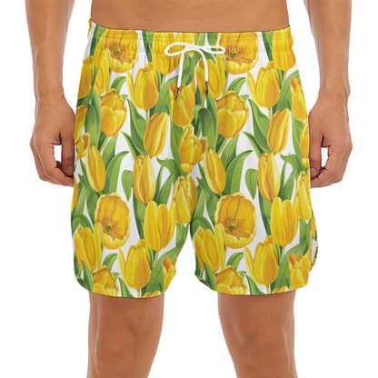 Yellow Spring Tulip Pattern Print Men's Split Running Shorts