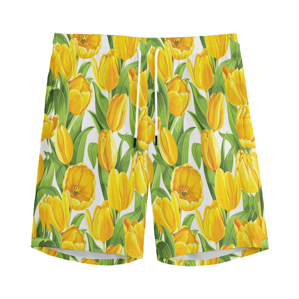 Yellow Spring Tulip Pattern Print Men's Sports Shorts