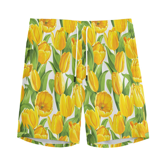 Yellow Spring Tulip Pattern Print Men's Sports Shorts