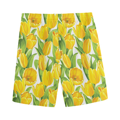 Yellow Spring Tulip Pattern Print Men's Sports Shorts