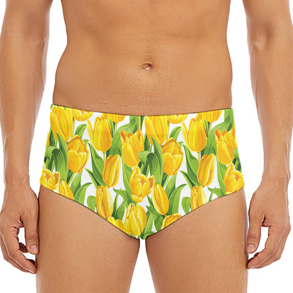 Yellow Spring Tulip Pattern Print Men's Triangle Swim Briefs
